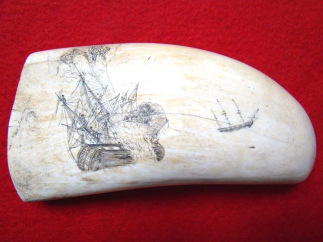 A wonderful 19th century scrimshawed Sperm Whale's Tooth with Shipwreck scene